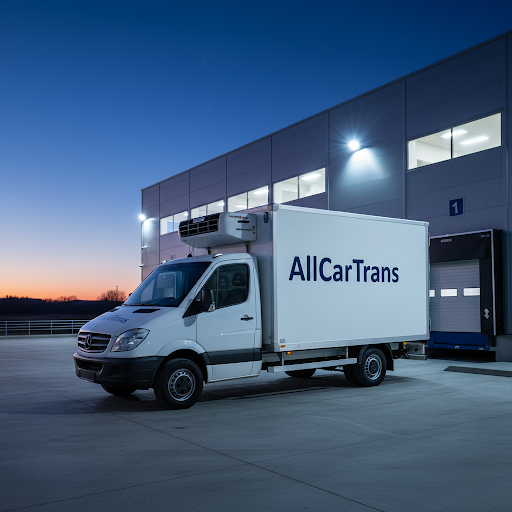 A professional exterior shot of a sleek white 3.5t refrigerated delivery van with an isothermal cooling unit at a logistics hub