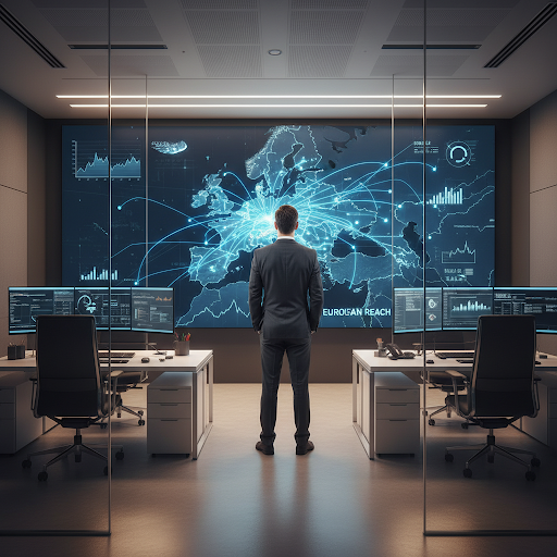 A modern white Mercedes Sprinter parked in a European city square
