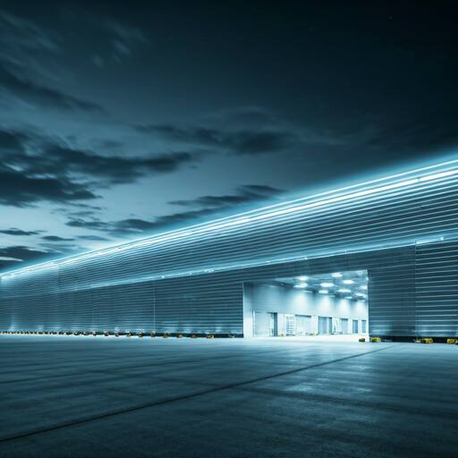 Cinematic wide shot of a high-tech logistics hub at night with glowing blue lights and futuristic architectural lines