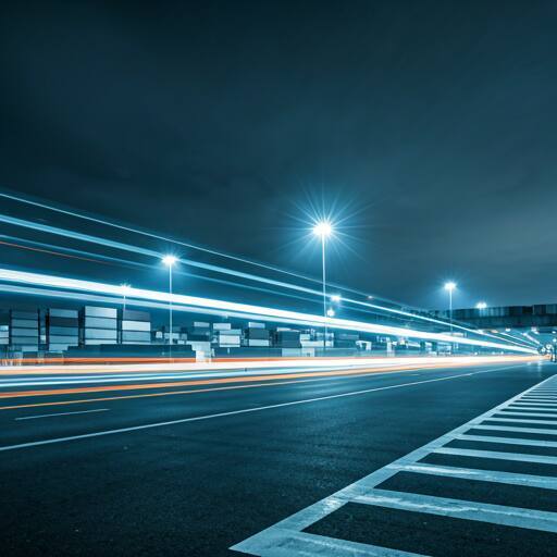 Modern logistics hub at night with long exposure light trails from transport trucks and dramatic cold blue atmospheric lighting